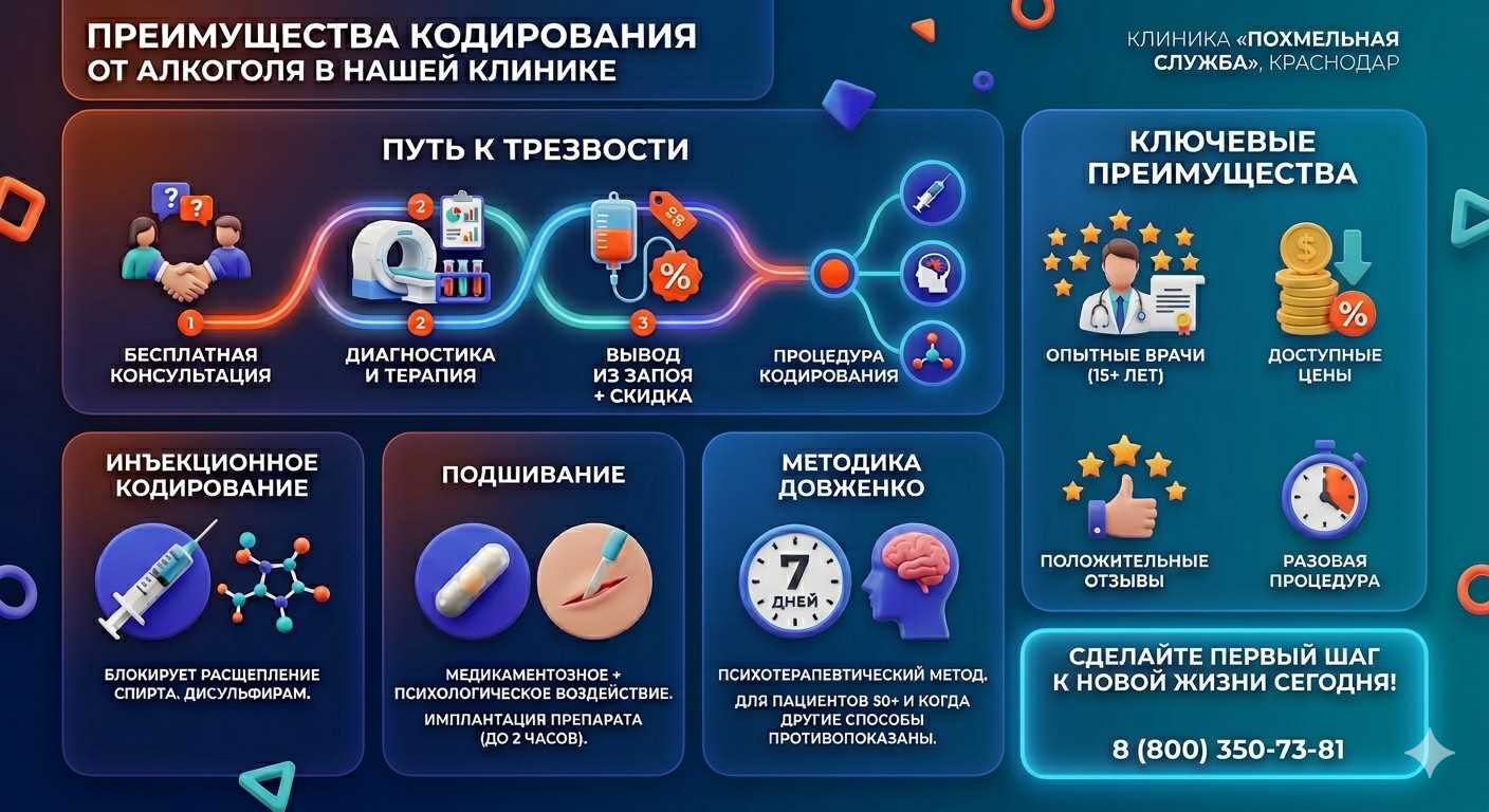 Инфографика о методах кодирования от алкоголя в Бирске: инъекции, подшивание, метод Довженко. Преимущества клиники и этапы лечения.