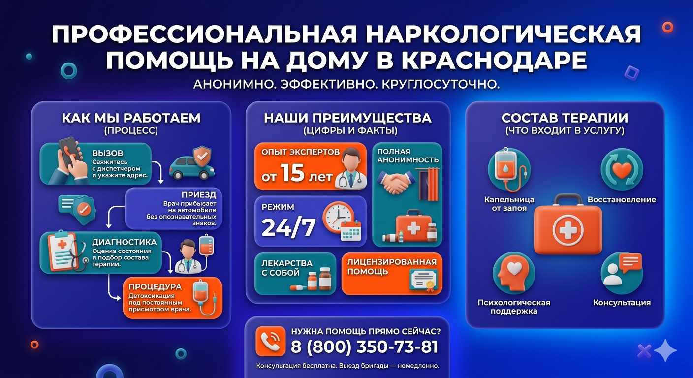 Инфографика о принципах лечения алкоголизма на дому в Бирске: этапы вызова нарколога, преимущества анонимной детоксикации и состав медицинской помощи.